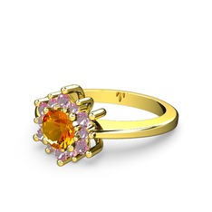 Floral Çiçek Yüzük - Pembe kuvars ve sitrin 8 ayar altın yüzük #1x7gu1k