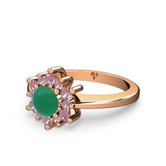 Floral Çiçek Yüzük - Pembe kuvars ve kök zümrüt 8 ayar rose altın yüzük #1yclsxk