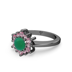 Floral Çiçek Yüzük - Pembe kuvars ve kök zümrüt 925 ayar siyah rodyum kaplama gümüş yüzük #5ezus4