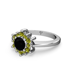 Floral Çiçek Yüzük - Peridot ve siyah zirkon 14 ayar beyaz altın yüzük #6z1bre