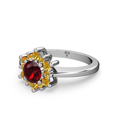 Floral Çiçek Yüzük - Sitrin ve garnet 18 ayar beyaz altın yüzük #7zefho