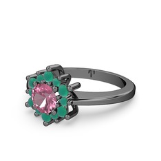 Floral Çiçek Yüzük - Kök zümrüt ve pembe kuvars 925 ayar siyah rodyum kaplama gümüş yüzük #8t7k7s