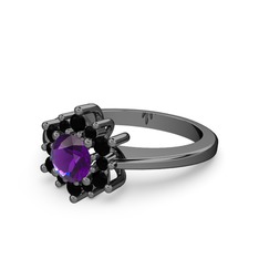 Floral Çiçek Yüzük - Siyah zirkon ve ametist 925 ayar siyah rodyum kaplama gümüş yüzük #btbtqj