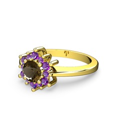 Floral Çiçek Yüzük - Ametist ve dumanlı kuvars 8 ayar altın yüzük #crtuk4