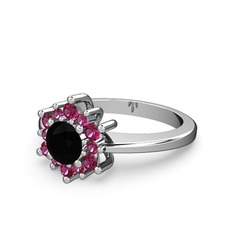 Floral Çiçek Yüzük - Rodolit garnet ve siyah zirkon 8 ayar beyaz altın yüzük #did80j
