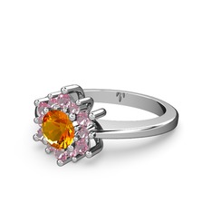 Floral Çiçek Yüzük - Pembe kuvars ve sitrin 18 ayar beyaz altın yüzük #l4k5mg