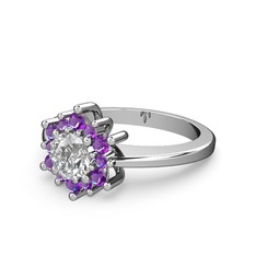 Floral Çiçek Yüzük - Ametist ve pırlanta 14 ayar beyaz altın yüzük (0.5 karat) #lowxvk