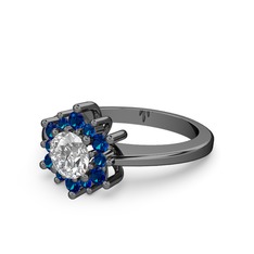 Floral Çiçek Yüzük - Lab safir ve beyaz zirkon 925 ayar siyah rodyum kaplama gümüş yüzük #m35xub