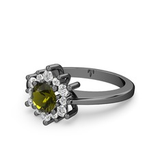 Floral Çiçek Yüzük - Beyaz zirkon ve peridot 925 ayar siyah rodyum kaplama gümüş yüzük #mxa18e