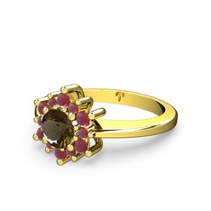Floral Çiçek Yüzük - Kök yakut ve dumanlı kuvars 18 ayar altın yüzük #n1dkm3