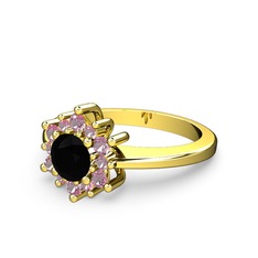 Pembe kuvars ve siyah zirkon 925 ayar altın kaplama gümüş yüzük