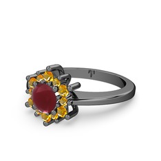 Floral Çiçek Yüzük - Sitrin ve kök yakut 925 ayar siyah rodyum kaplama gümüş yüzük #otyuvn