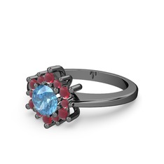 Floral Çiçek Yüzük - Kök yakut ve akuamarin 925 ayar siyah rodyum kaplama gümüş yüzük #pqqpmy