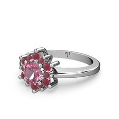 Floral Çiçek Yüzük - Kök yakut ve pembe kuvars 14 ayar beyaz altın yüzük #qum308