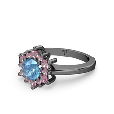 Floral Çiçek Yüzük - Pembe kuvars ve akuamarin 925 ayar siyah rodyum kaplama gümüş yüzük #rhvz0b