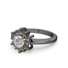 Floral Çiçek Yüzük - Dumanlı kuvars ve beyaz zirkon 925 ayar siyah rodyum kaplama gümüş yüzük #s1gyfh