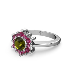 Floral Çiçek Yüzük - Rodolit garnet ve peridot 14 ayar beyaz altın yüzük #s6j10