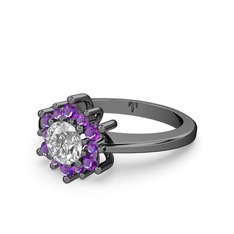 Floral Çiçek Yüzük - Ametist ve beyaz zirkon 925 ayar siyah rodyum kaplama gümüş yüzük #u2rsvd