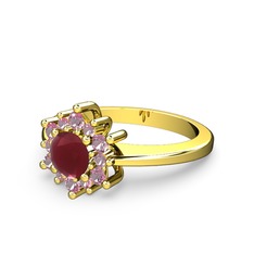 Floral Çiçek Yüzük - Pembe kuvars ve kök yakut 14 ayar altın yüzük #u3kt5