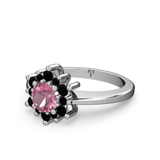 Floral Çiçek Yüzük - Siyah zirkon ve pembe kuvars 18 ayar beyaz altın yüzük #xa0p88