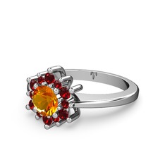 Floral Çiçek Yüzük - Garnet ve sitrin 14 ayar beyaz altın yüzük #xo3oo0