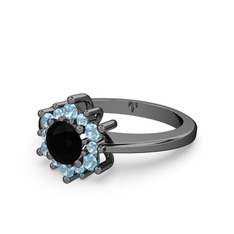 Floral Çiçek Yüzük - Akuamarin ve siyah zirkon 925 ayar siyah rodyum kaplama gümüş yüzük #xs440y