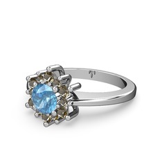 Floral Çiçek Yüzük - Dumanlı kuvars ve akuamarin 14 ayar beyaz altın yüzük #xycmhy