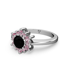 Floral Çiçek Yüzük - Pembe kuvars ve siyah zirkon 18 ayar beyaz altın yüzük #ykxquk