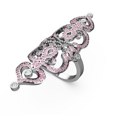 Pembe kuvars ve pırlanta 925 ayar gümüş yüzük (0.18 karat)