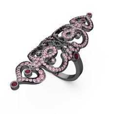 Liya Yüzük - Pembe kuvars ve rodolit garnet 925 ayar siyah rodyum kaplama gümüş yüzük #1299rev