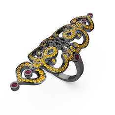 Liya Yüzük - Sitrin ve rodolit garnet 925 ayar siyah rodyum kaplama gümüş yüzük #13jjqsu