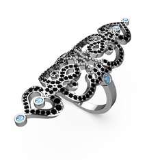 Siyah zirkon ve akuamarin 8 ayar beyaz altın yüzük