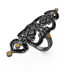 Liya Yüzük - Siyah zirkon ve sitrin 925 ayar siyah rodyum kaplama gümüş yüzük #19e5vup