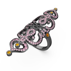 Liya Yüzük - Pembe kuvars ve sitrin 925 ayar siyah rodyum kaplama gümüş yüzük #19v6s51