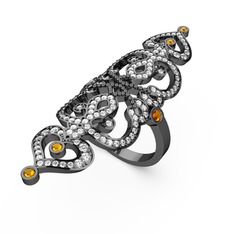 Liya Yüzük - Swarovski ve sitrin 925 ayar siyah rodyum kaplama gümüş yüzük #1blgp47