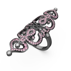 Liya Yüzük - Pembe kuvars ve beyaz zirkon 925 ayar siyah rodyum kaplama gümüş yüzük #1c8tquq