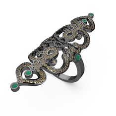 Liya Yüzük - Dumanlı kuvars ve kök zümrüt 925 ayar siyah rodyum kaplama gümüş yüzük #1i7ro6k