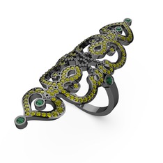 Peridot ve yeşil kuvars 925 ayar siyah rodyum kaplama gümüş yüzük