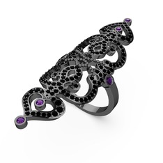 Liya Yüzük - Siyah zirkon ve ametist 925 ayar siyah rodyum kaplama gümüş yüzük #1pk4mq6