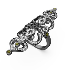 Pırlanta ve peridot 925 ayar siyah rodyum kaplama gümüş yüzük (1.1616 karat)