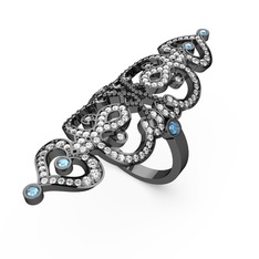 Liya Yüzük - Swarovski ve akuamarin 925 ayar siyah rodyum kaplama gümüş yüzük #36xvbm