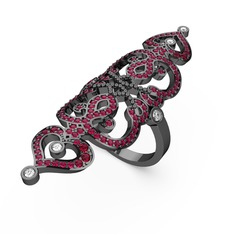 Liya Yüzük - Rodolit garnet ve beyaz zirkon 925 ayar siyah rodyum kaplama gümüş yüzük #4x1vxx