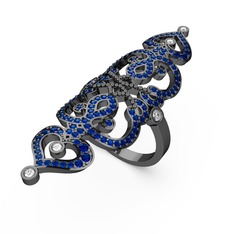 Lab safir ve pırlanta 925 ayar siyah rodyum kaplama gümüş yüzük (0.18 karat)