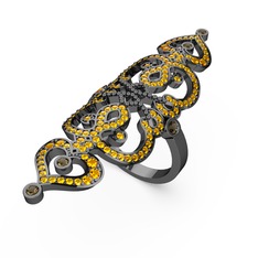 Liya Yüzük - Sitrin ve dumanlı kuvars 925 ayar siyah rodyum kaplama gümüş yüzük #7q4dpw