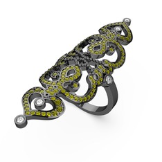 Liya Yüzük - Peridot ve pırlanta 925 ayar siyah rodyum kaplama gümüş yüzük (0.18 karat) #8spkrt