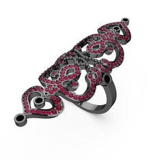 Rodolit garnet ve siyah zirkon 925 ayar siyah rodyum kaplama gümüş yüzük