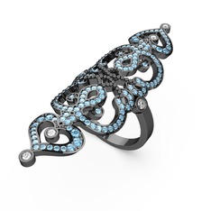 Akuamarin ve pırlanta 925 ayar siyah rodyum kaplama gümüş yüzük (0.18 karat)