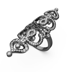 Beyaz zirkon ve pırlanta 925 ayar siyah rodyum kaplama gümüş yüzük (0.18 karat)