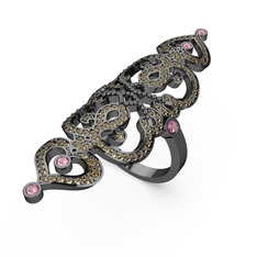 Liya Yüzük - Dumanlı kuvars ve pembe kuvars 925 ayar siyah rodyum kaplama gümüş yüzük #txnflp