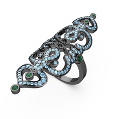 Akuamarin ve yeşil kuvars 925 ayar siyah rodyum kaplama gümüş yüzük